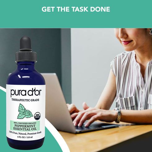 PURA D'OR ORGANIC Peppermint Essential Oil - 4oz with Glass Dropper - 100% Pure & Natural
