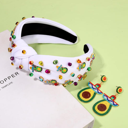 Mexican Beaded Headband for Women, Cinco De Mayo Fiesta Headband with Crystal Knots (Avocado)