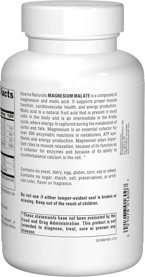 Source Naturals Magnesium Malate 625mg Supplement - Essential, Bio-Available Magnesium Malic Acid Supplement - 200