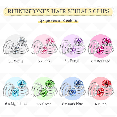 Xinnun 48 Pieces Rhinestone Hair Clips, Spiral Twist Hairpins with Crystal Metal Base for Wedding Bridal Prom Party