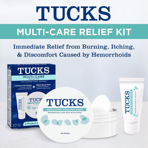 Tucks Multi-Care Relief Kit – 40 Count Witch Hazel Pads & 0.5 oz. Lidocaine Cream - Protects from Irritation, Hemorrhoid Treatment Medicated Pads Used by Hospitals