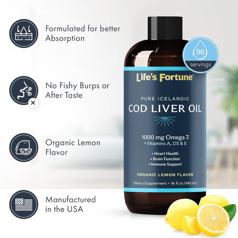 Life's Fortune Organic Cod Liver Oil Liquid, Lemon Flavor Supplement - High Potency Fish Oil Omega 3 DHA & EPA, 1000 mg