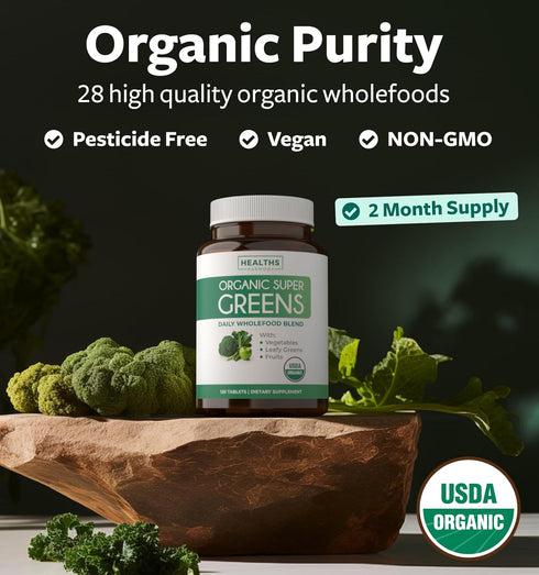 USDA Organic Greens Powder (120 Tablets) - Complete Superfood Supplement with 28 Fruits & Vegetables for Immune Support