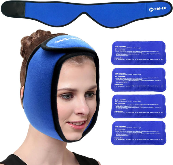 Face Ice Pack Wrap for TMJ, Wisdom Teeth, WORLD-BIO Jaw Wrap with 4 Reusable Hot Cold Therapy Gel Packs
