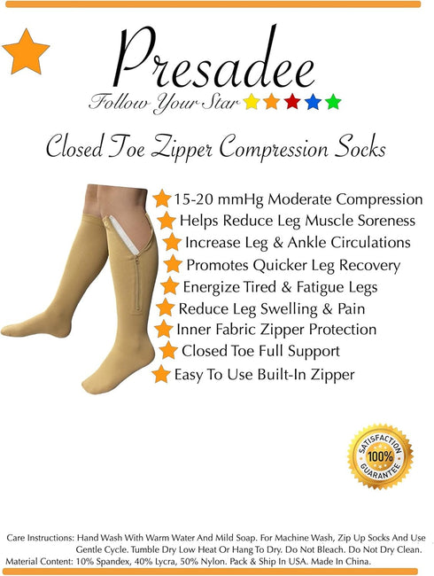 Closed Toe 15-20 mmHg Zipper Moderate Compression Leg Circulation Socks, 3XL (Beige)