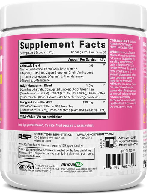 RSP NUTRITION AminoLean Pre Workout Powder, 30 Serv, Pink Lemonade, Amino Energy & Weight Management with Vegan BCAA