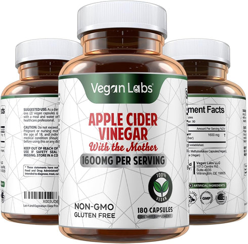 Vegan Labs Apple Cider Vinegar Capsules with The Mother- 180 Vegan Capsules, 1600MG Per