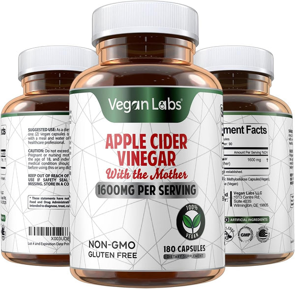 Vegan Labs Apple Cider Vinegar Capsules with The Mother- 180 Vegan Capsules, 1600MG Per