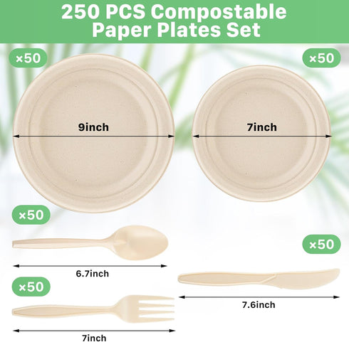 250 PCS Compostable Paper Plates Set,Compostable Plates Sugarcane Utensils,Disposable Dinnerware Set,Include Biodegradable Plates Eco Friendly Plates,Extra Long Forks,Knives,Spoons for Party by Tivcck