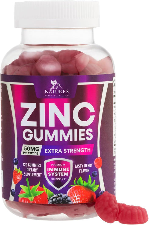 Zinc Gummies for Adults 50 mg, High Absorption Immune Health Support, Vegan, Gluten Free, Mixed Berry Flavor, 120 Count