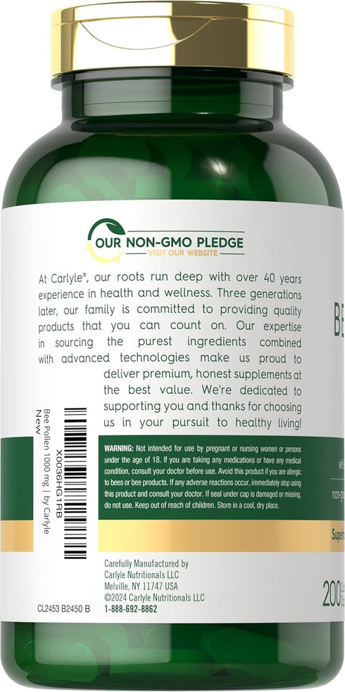 Carlyle Bee Pollen Supplement, 1000mg, 200 Caplets with Royal Jelly and Bee Propolis, Vegetarian, Non-GMO