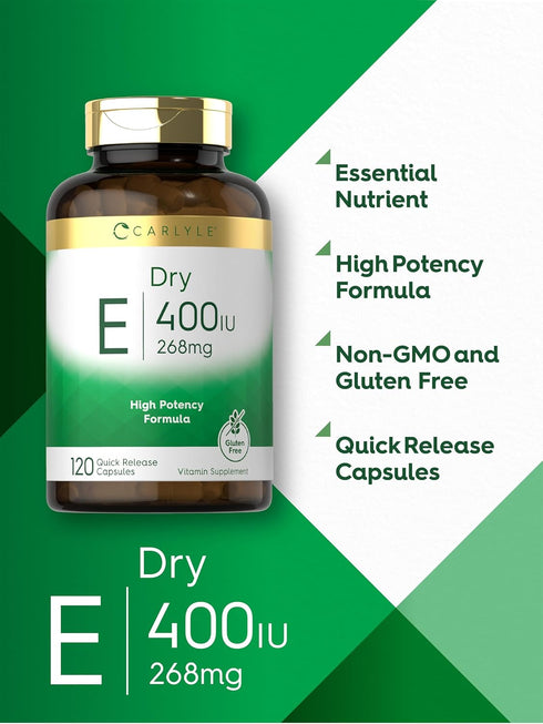 Carlyle Dry Vitamin E 400 IU (268mg), 120 Capsules, High Potency, Non-GMO, Gluten Free