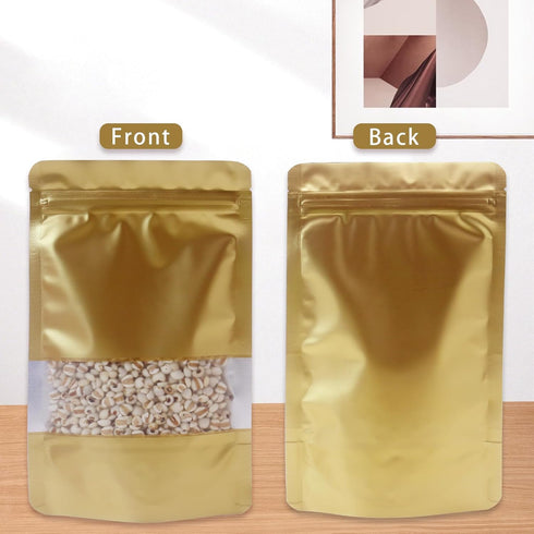 50 pcs Brown Smell Proof Bags, Resealable Stand Up Food Storage Bags with Window for Candy, Coffee, Small Business