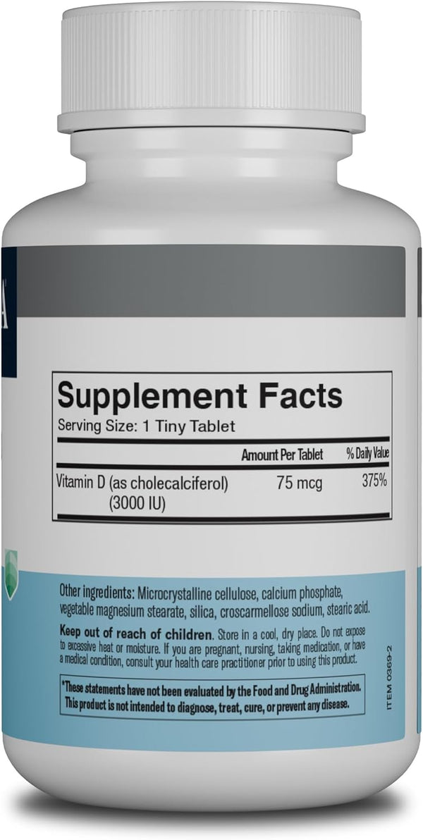 FREEDA Vitamin D3 3000 IU, High-Potency for Bone Strength & Immune Support, 250 Tiny Tablets