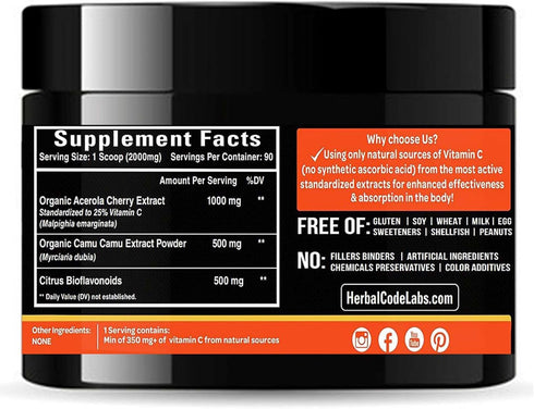 Natural Vitamin C from Organic Acerola Cherry & Camu Camu Powder - High Absorption with Citrus Bioflavonoids - Immune System & Collagen Booster - Anti Aging Skin Vitamins Made in USA 90 servings