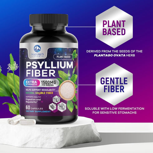 Psyllium Husk Powder Caps, 1500mg, Non-GMO Natural Soluble Fiber for Digestive Health, Vegan Supplement, 60 Capsules