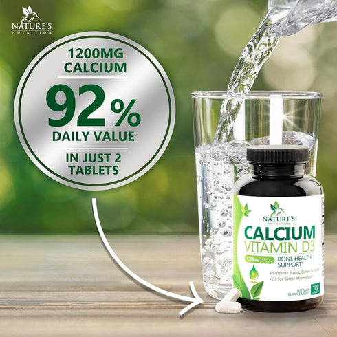 Calcium Supplement with Vitamin D - 1200 mg Calcium Carbonate with 1600 IU D3 Vitamins, 120 Tablets for Bone Health