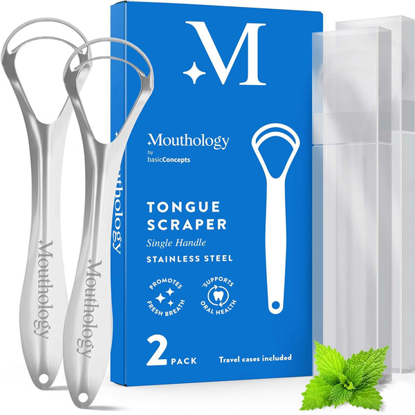 BASIC CONCEPTS Tongue Scraper for Adults (2 Pack), Stainless Steel Tongue Cleaners with Travel Cases, Fresh Breath