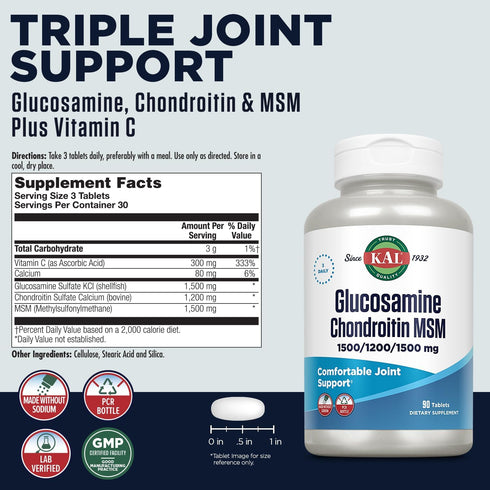 KAL Joint Support Supplement, Glucosamine Chondroitin MSM, 1500mg Glucosamine, 1200mg Chondroitin, 90 Tablets