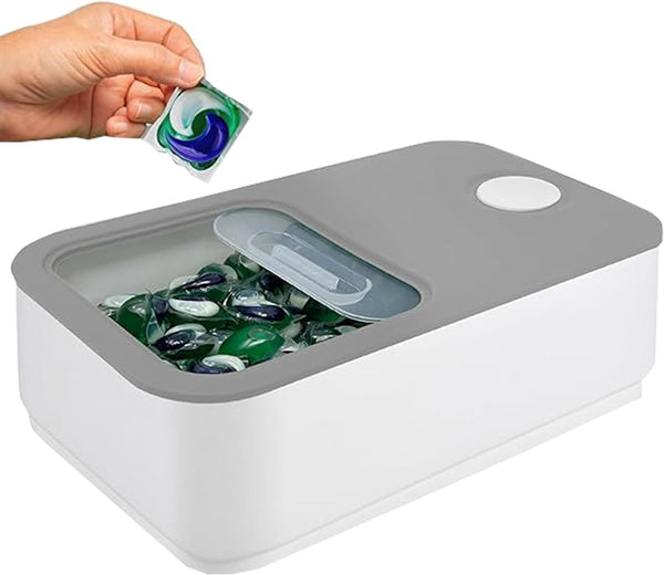 Skywin Laundry Pod Container Holder - Push-Open White with Grey Lid - Holds 11 Pounds, Fits 2 Bottles of Detergent