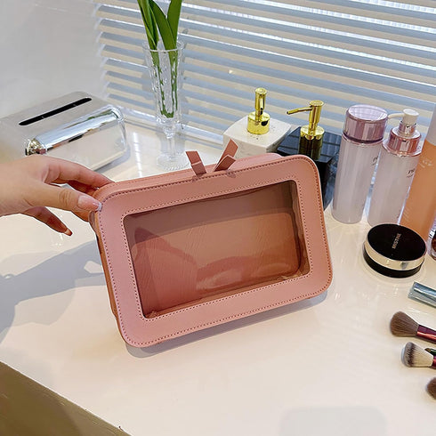 Portable Travel Cosmetic Case Organizer for Women, Clear and Waterproof Makeup Bag with Transparent Vinyl Windows &