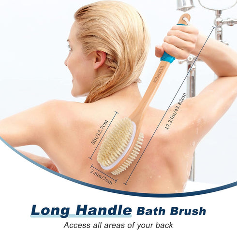 KIPRITII Ergonomically Designed Back Scrubber for Shower, Double-Sided Long Handle Wet & Dry Brush (Blue)
