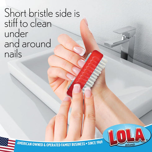LOLA Products Hand & Nail Brush, 2 Sided Soft & Stiff with Comfortable No-Slip Grip, Red - 3 Pack