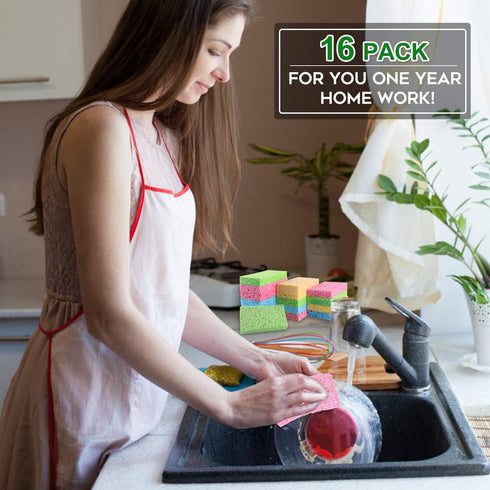 Cleaning Scrub Colored Sponge, Non-Scratch Kitchen Cellulose Dishwashing Sponge, 16Pack Biodegradable Natural Sponge