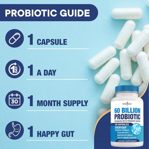 NEW AGE Probiotics | 100% Natural Digestive Enzymes | 60 Billion CFU with Prebiotic Formula - Probiotics for Women and