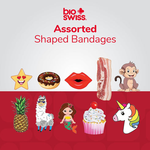 BioSwiss Assorted Animal Bandages - Fun and Food Shaped Self Adhesive Latex Free Sterile Wound Care, 100 Count