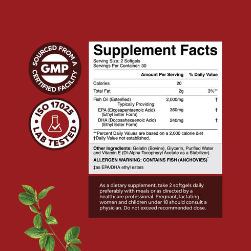 Omega 3 Fish Oil Supplement, 2000 mg per Serving, EPA DHA Fish Oil, Immune Booster Brain Vitamins, Mood Boost, Liver