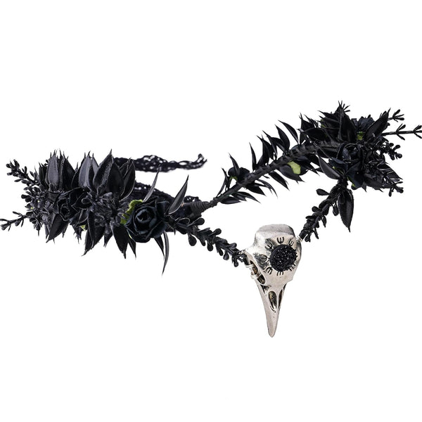 MOSTORY Handmade Black Flower Crown, Gothic Adjustable Raven Skull Headpiece, Dark Fairy Tiara for Cosplay