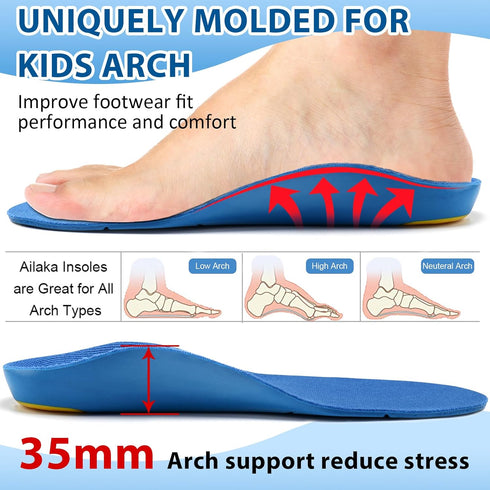 Ailaka Kids Orthotic Arch Support Shoe Insoles, Cushioning PU Foam Inserts for Flat Feet & Plantar Fasciitis