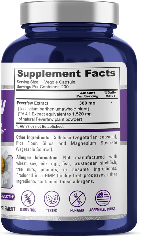 NusaPure 1520mg Feverfew Vegetarian Caps, 200 Count (Extract 4:1, Non-GMO, Gluten Free)
