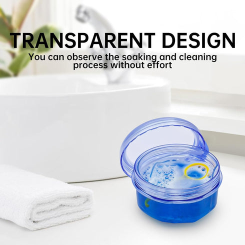 No Leak Partial Denture Case, Retainer Bath Box with Strainer Basket and Brush, Transparent Blue for False Teeth