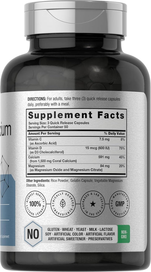 Horbaeach Coral Calcium 1500mg 150 Capsules | Plus Magnesium | Non-GMO, Gluten Free Supplement