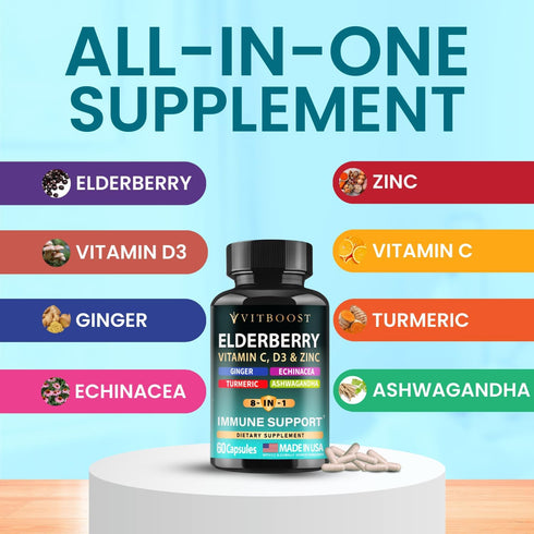 Immune 8-in-1 5000 60 Elderberry Support Supplement Formula with Echinacea, Vitamin C & Zinc, Vitamin D IU, Turmeric