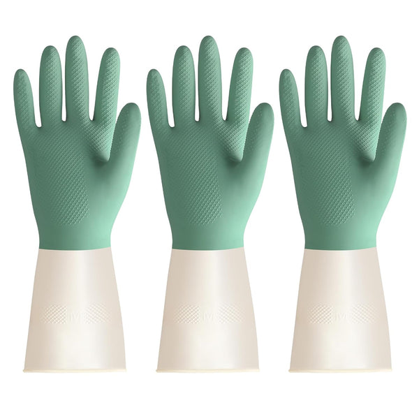 BOOMJOY Heavy Duty Latex Cleaning Gloves, Reusable Medium Dishwashing Gloves for Kitchen, 3 Pairs, Green-Beige