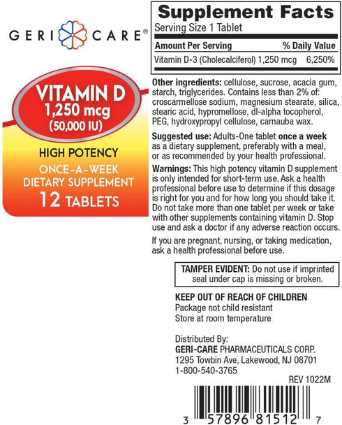 GeriCare Vitamin D 1,250mcg (50,000 IU) High Potency Once-A-Week Dietary Supplement, 12 Count (Pack of 2)