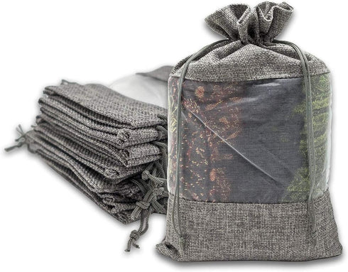 12-Pack X-Large Gray Linen Burlap & Organza Gift Bags w. Drawstrings (7.5x11.5 in) - Party Favors by The Display Guys