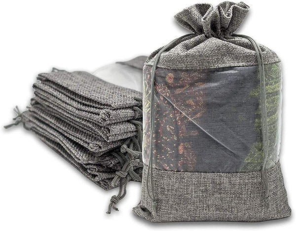 12-Pack X-Large Gray Linen Burlap & Organza Gift Bags w. Drawstrings (7.5x11.5 in) - Party Favors by The Display Guys