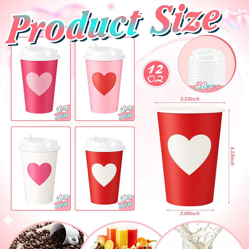 Jingmore 48 12oz Pcs Valentine's Day Coffee Paper Cups with Lids Galentines Paper Beverage Hot Chocolate Cocoa Cups