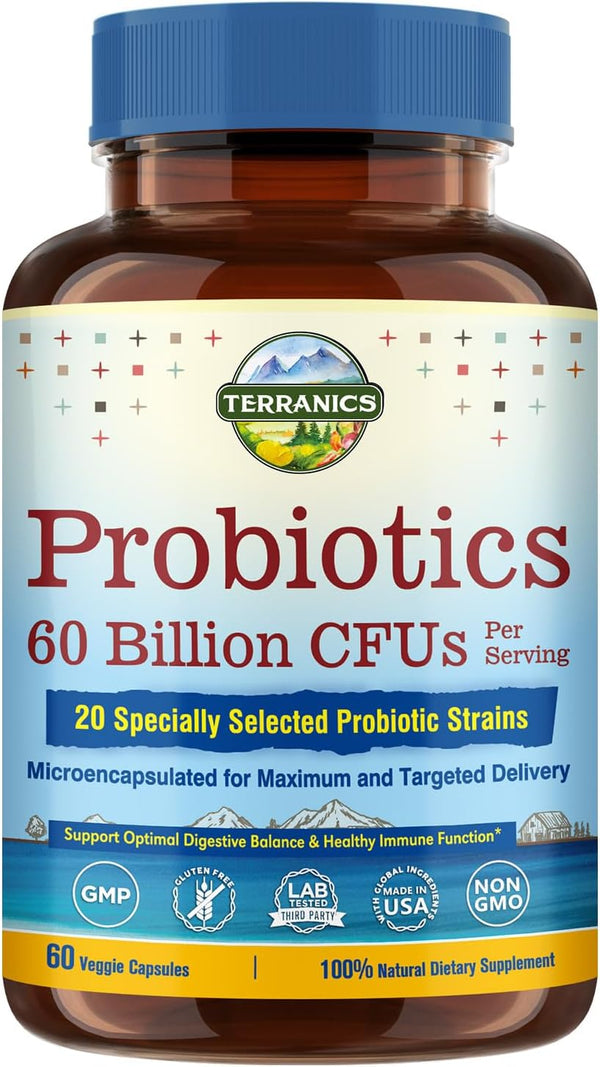 Terranics Probiotics 60 Billion CFU - 20 Strains, 60 Veg Capsules, Shelf Stable Supplement for Digestive Health