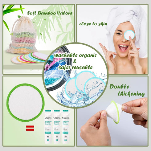 XSEINO Reusable Makeup Remover Pads, 40 Pack Washable Natural Bamboo Fiber Material for All Skin Types