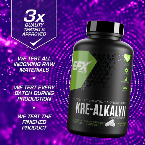 EFX Sports Kre-Alkalyn EFX Creatine Monohydrate Pill Supplement, Vegan Friendly, 90 Servings, 180 Veggie Capsules