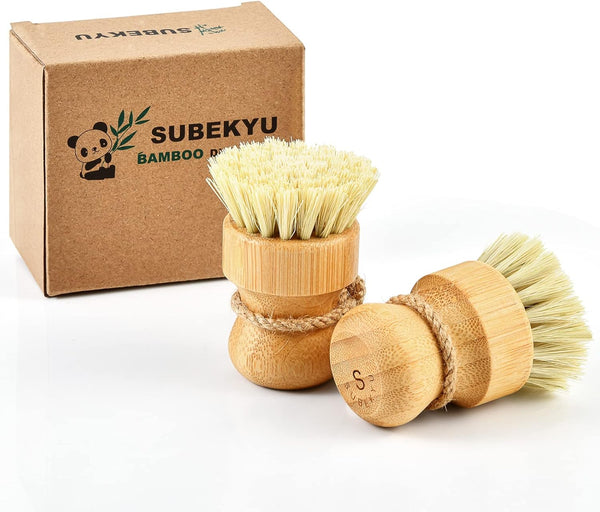 SUBEKYU Bamboo Dish Scrub Brushes Set of 2, Wooden Cleaning Scrubbers for Washing Cast Iron Pan/Pot, Natural Sisal