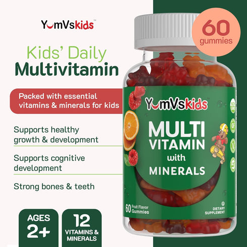 YumVs Kids Multivitamin Gummies, 60 Count - Fruit Flavored Chewable Children's Multivitamin with 12 Minerals & Vitamins