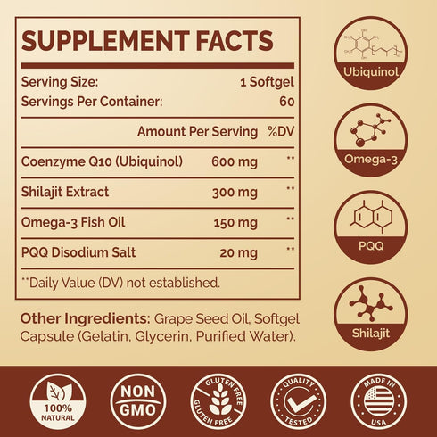 Ubiquinol CoQ10 600 MG Softgels with Omega-3 & Shilajit & PQQ, Advanced Dual-Delivery Coenzyme-Q10, Active CoQ10 Ubiquinol Supplement for Antioxidant, Heart, Brain & Cellular Energy, 60 Servings