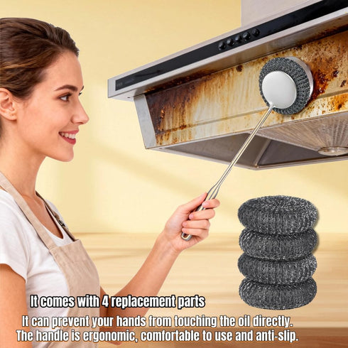 Yajouwin 7Pcs Set 1 Brushes,1 Brushes,4 Pads,1 Steel Wool Scrubber with Handle: Stainless Steel Scrubber Brush Long