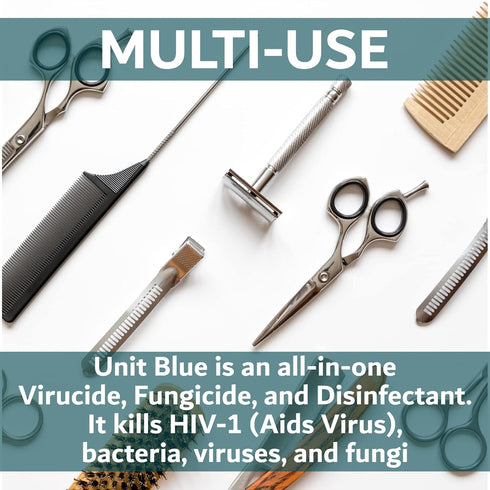 Unit Blue Barber Disinfectant Concentrate, Virucide, Fungicide, Anti-Rust Formula for Professional Barber Supplies